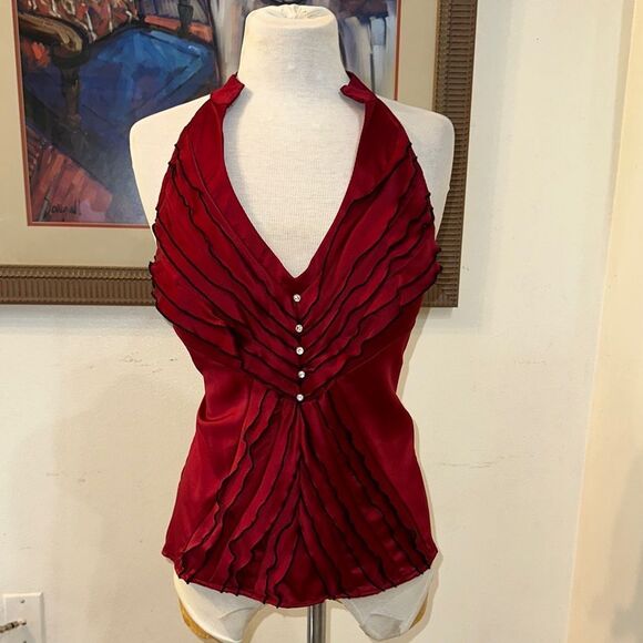XOXO Red/Black Ruffle Halter Top w/ High Collar Size Large - Picture 1 of 14